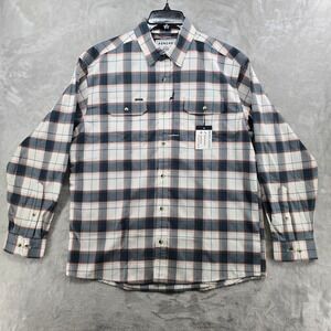 NWT Poncho Mens L Half Moon Washed Navy and Red Plaid Long Sleeve Button Up